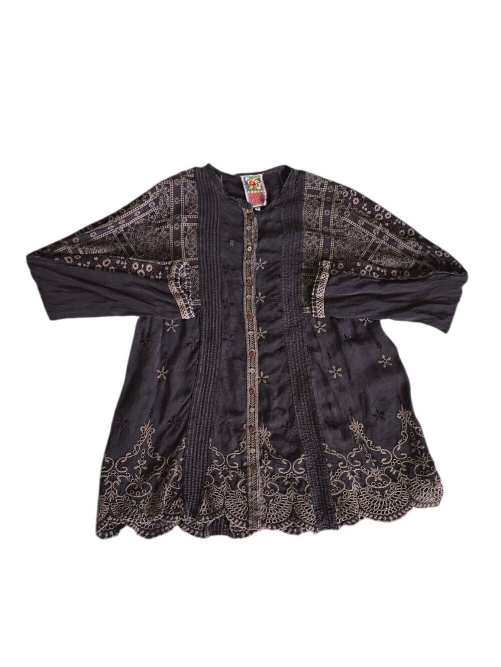 Johnny Was Embroidered Brown  Women's Tunic Top Button Down Size S